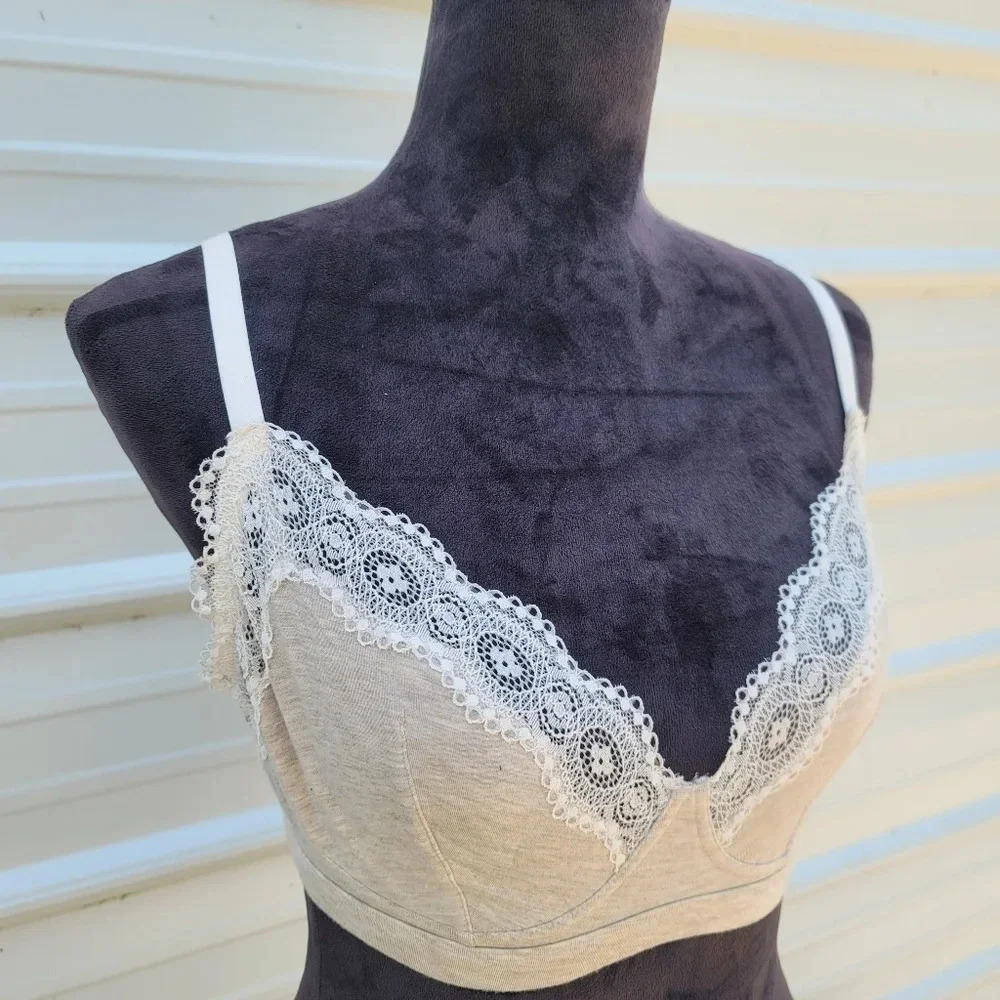Gilligan & o'Malley Womens Soft unlined Bra Modal Lace Bralette Beige White XL - Picture 4 of 10